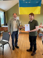 Neal Dodge receives the Lester Brett Call-Change Trophy on behalf of Thurston from Alan Winter. (Katharine Salter)  Neal Dodge receives the Lester Brett Call-Change Trophy on behalf of Thurston from Alan Winter. (Katharine Salter)