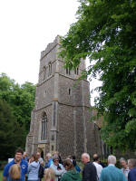 Outside Falkenham church during the Guild 6-bell Striking Competitions. Ringers gathering at Falkenham ahead of the Guild 6-bell Striking Competitions.