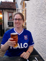 The birthday girl celebrating her birthday outside the Greyhound Inn!