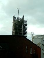 The tower of St Lawrence surrounded by scaffolding this evening.