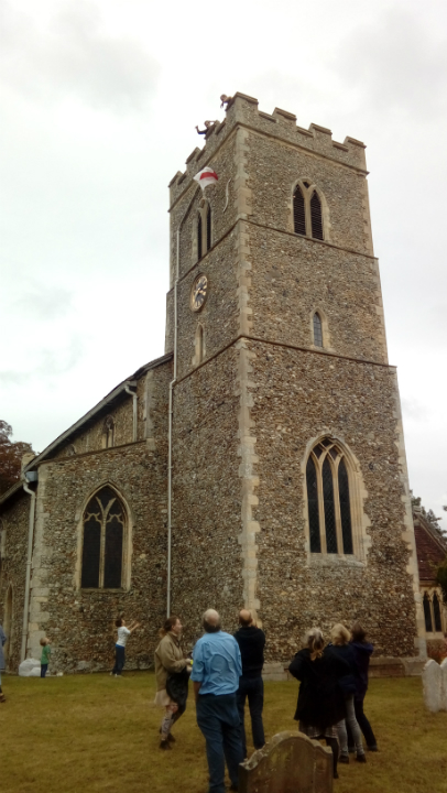 Alfie's teddy Jack's descent from the top of Sproughton tower.