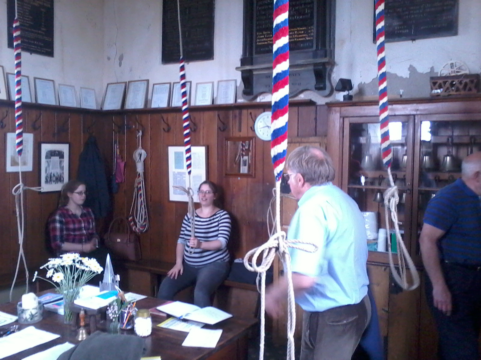 The South-East District band gathered in the ringing chamber at Southwold as they prepare to start the Rose Trophy.