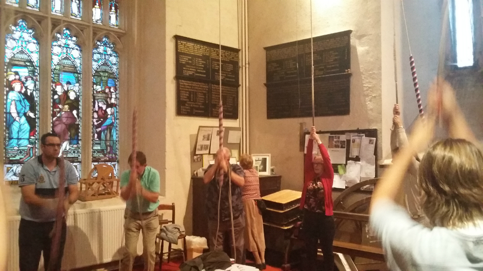 Ringing at Hitchin - L to r; Ian Culham on 10th, Brian Whiting on 11th, Jed Flatters on Tenor, Sally Munnings, Sue Williamson on Treble, Helen Carter.