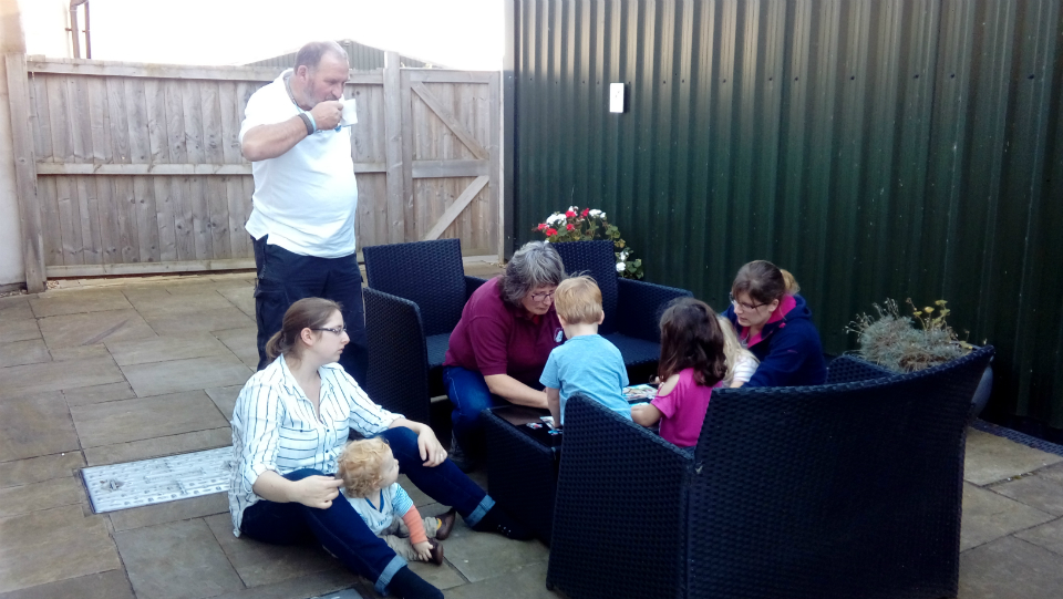 Out on the patio at Crich Lane Farm in the autumnal sunshine.