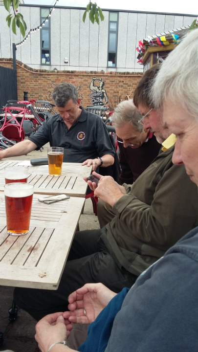 Some of the Suffolk Guild band (+ friends) in the beer garden of the Blacksmiths Arms after ringing.