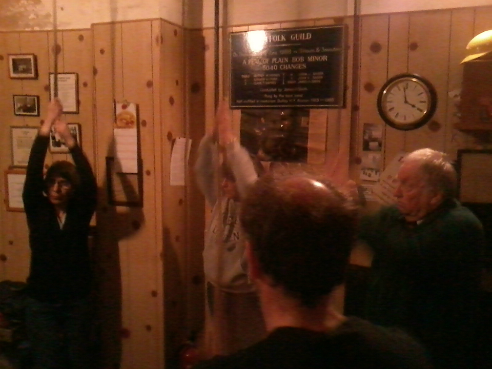 Ringing at Rushmere St Andrew before the South-East District 2015 ADM. l to r; Jenny Scase on the 2nd, Tracy Scase on the 3rd, Alan Munnings on the 4th and Robert Scase on the 5th.