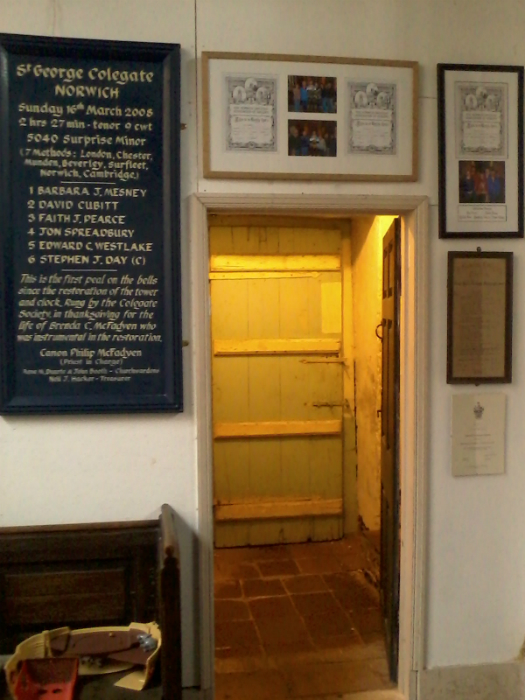 The entrance up to the ringing chamber at St George's in Norwich.