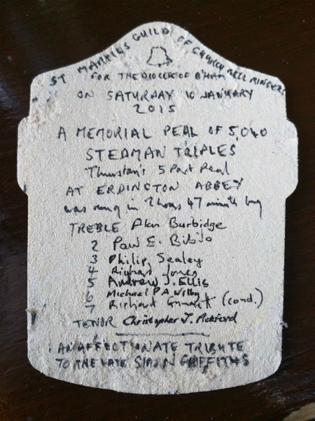 The pealboard design for the peal rung in Simon Griffiths' memory.