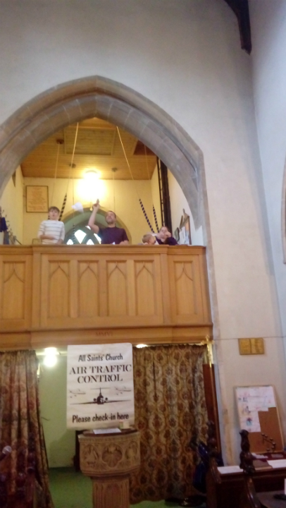 Mason, Ralph Earey, Alfie and Joshua throwing paper aeroplanes from Sproughton ringing chamber.