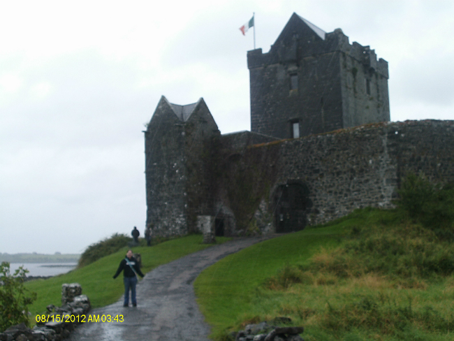 Ruthie outside a very wet Dungaire Castle.