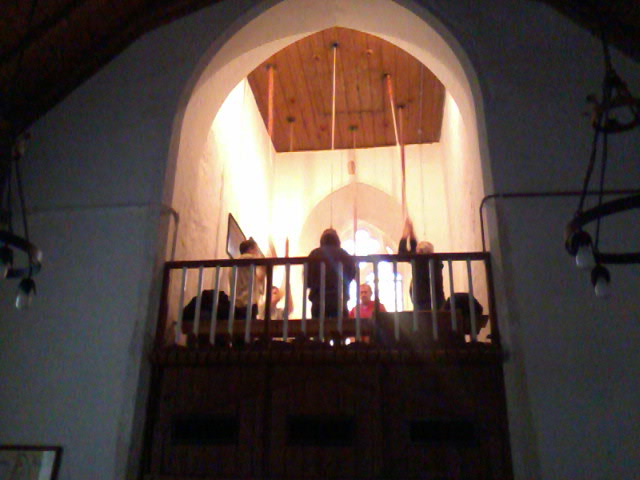 Band ringing quarter at Monewden, with Jenny Scase with her back to the camera on the treble.