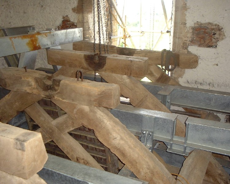 Photo of partially assembled new bell frame, Parham